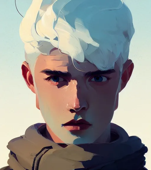 Image similar to portrait of a young man, raised on the island, white hair, face tatooes by atey ghailan, by greg rutkowski, by greg tocchini, by james gilleard, by joe fenton, by kaethe butcher, dynamic lighting, gradient light blue, brown, blonde cream and white color scheme, grunge aesthetic