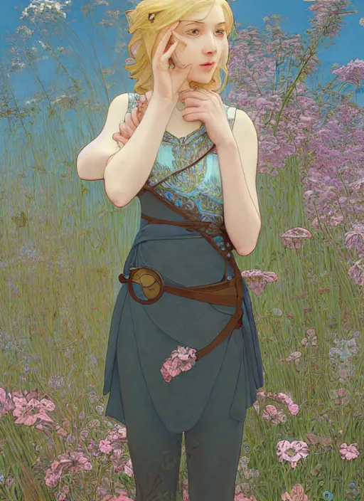 Image similar to pretty young man with shoulder length blond hair, half body shot, emotional, decorative flower patterned background, path traced, highly detailed, high quality, digital painting, by studio ghibli and alphonse mucha, leesha hannigan, hidari, disney, jules bastien - lepage, art nouveau, martine johanna, android jones, andreas rocha