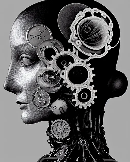 Image similar to black and white dreamy foggy profile face portrait, one steampunk cat eye biomechanical beautiful young female cyclope - cyborg - robot bust, body ribs meshes,, volumetric light, hibiscus flowers, by hg giger, rim light, by dora maar and cecile beaton, big gothic fashion pearl embroidered collar, 8 k