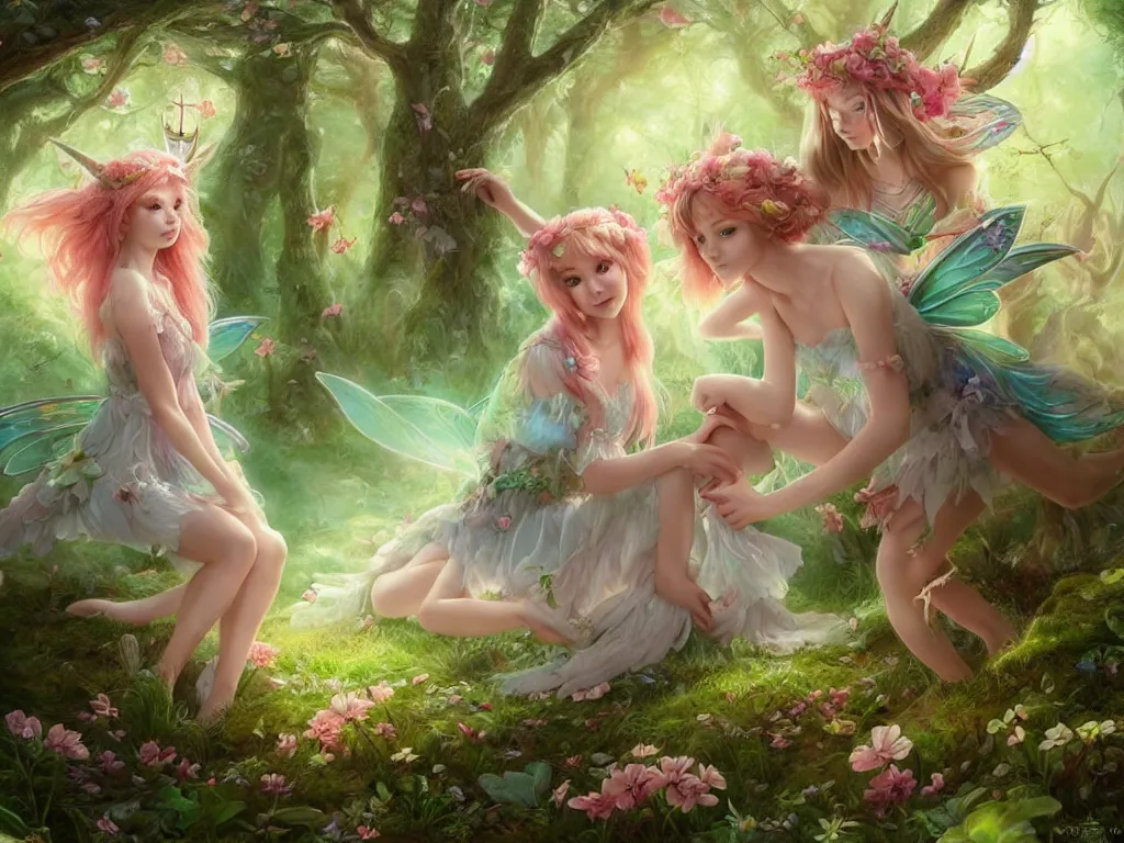 Image similar to two cute fairy in the dreamy forest, fantasy, dreamlike, 8 k resolution, hyper detailed, d & d, character design, digital painting, trending on artstation, sharp focus, illustration, art by artgerm, viktoria gavrilenko, hoang lap, fuji choko, steve zheng