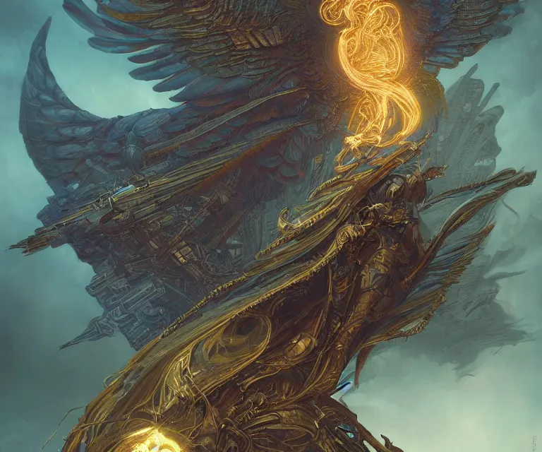 Prompt: a beautiful tarot card artwork of a cyberpunk fallen seraphim, horror, backlit, gloomy sky, highly detailed, digital painting, intricate golden threads, by greg rutkowski and peter mohrbacher and dan mumford and artgerm, vivid colors, detailed shading, 8 k resolution, intricate, smooth