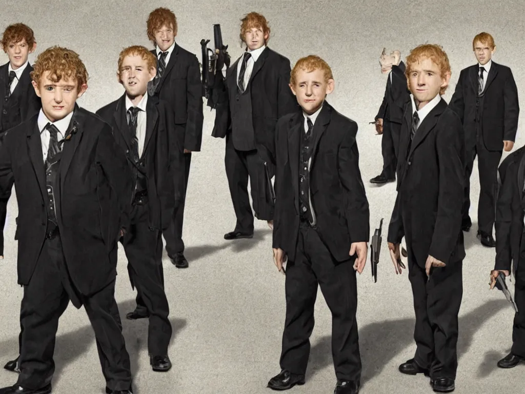 Prompt: hobbits as men in black