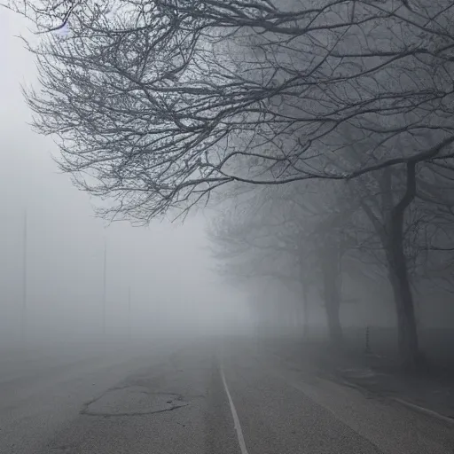 Prompt: photo of a creepy town covered in heavy fog