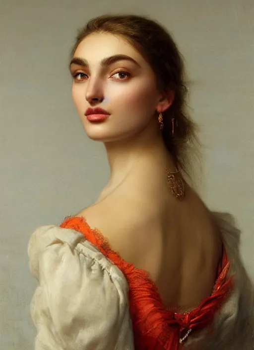 Prompt: A beautiful portrait of Andreea Diaconu, frontal, digital art by Eugene de Blaas and Ross Tran, vibrant color scheme, highly detailed, in the style of romanticism