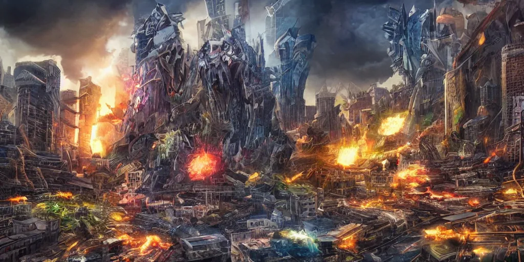 Image similar to destructive giant monsters in the city, photorealistic, highly detailed, sharp focus, vivid, colorful, symmetrical, random, convoluted, mind - blowing, creative, fully functional, end of the world, physics defying, amazing, cool