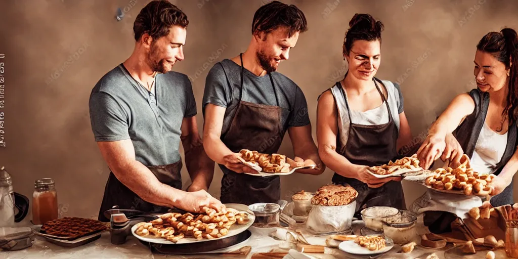 Image similar to A woman and man baking waffles together, digital art, epic lighting