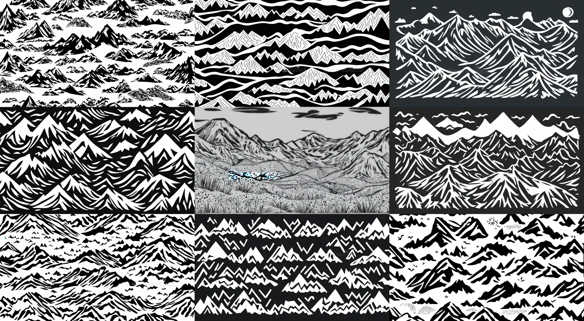 Prompt: wild natural landscape with mountains, graphic art black white, t - shirt print. vector illustration.