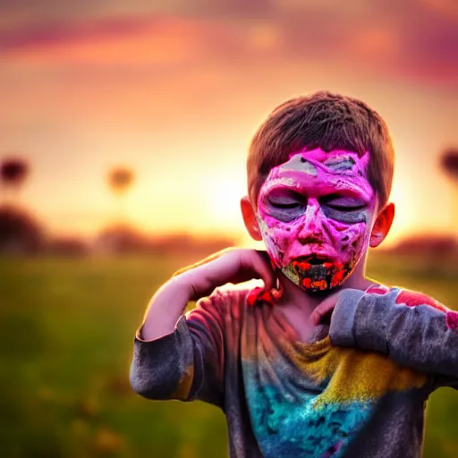 Image similar to 100mm bokeh realistic outdoors photo of a child with various vivid colors of pain smeared on their face, eyes closed, sunset behind them, HDR cinematic lens