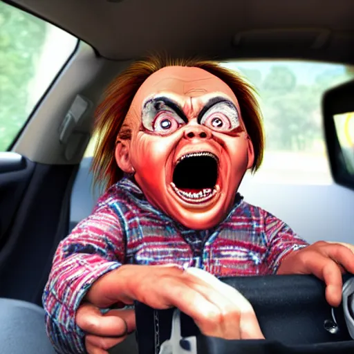 Image similar to middle aged screaming chucky doll driving to work in a minivan and stuck in gridlock traffic