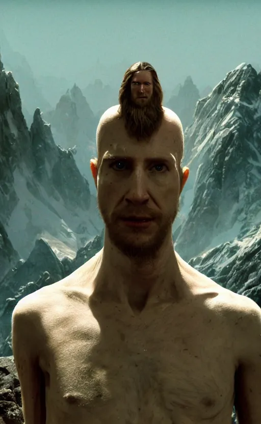 Prompt: extremely detailed cinematic movie still 3 0 7 7 portrait shot of a god of love 2 5 years old white man hyperreal skin face at the mountain top by denis villeneuve, wayne barlowe, simon birch, marc simonetti, philippe druillet, beeple, bright volumetric sunlight from remote star, rich moody colors, closeup, bokeh