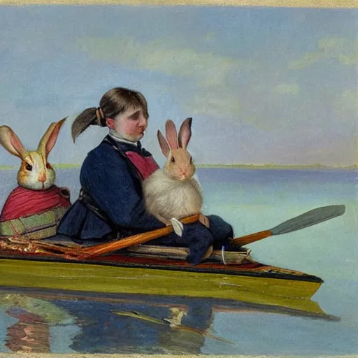 Prompt: a rabbit and a guinea pig sitting in a kayak, in the style of fanny brate