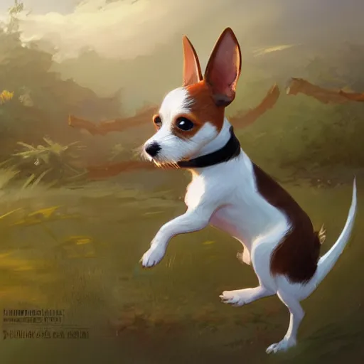 Image similar to adorable jack russel terrier jumping over a white picket fence, fantasy art, artstation character design contest winner, trending on cgsociety, concept art, speedpaint, beautiful digital art, jesper ejsing, james jean, justin gerard, fenghua zhong, makoto shinkai, highly detailed