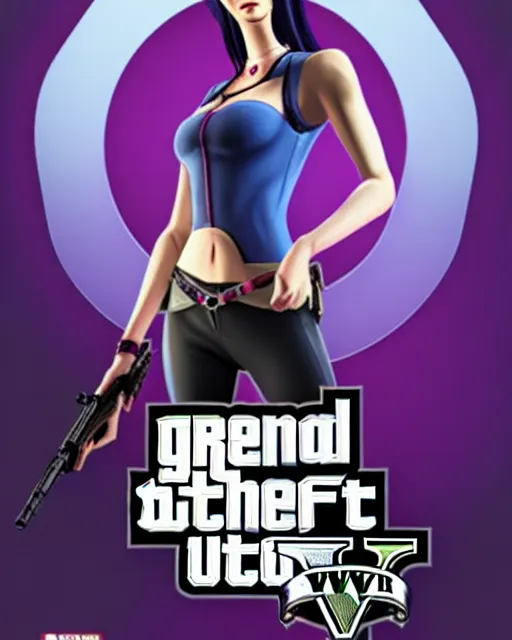 Image similar to gta 5, grand theft auto 5 cover art of widowmaker from overwatch