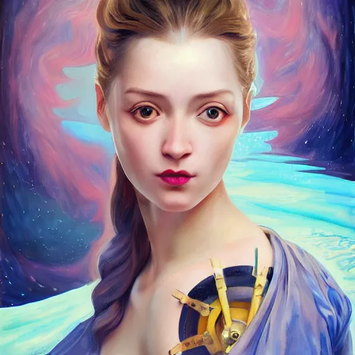 Image similar to a beautiful painting of realistic full body of a beautiful girl in cape, mechanical arm, face by Artgerm, symmetrical portrait, symmetrical eye, trending on artstation, painting by Alexander Jansson + Anthony Van Dyck + Anna Dittmann, complementary colors, dramatic lighting, Unity Creations, super detailed, 8k, no watermarks