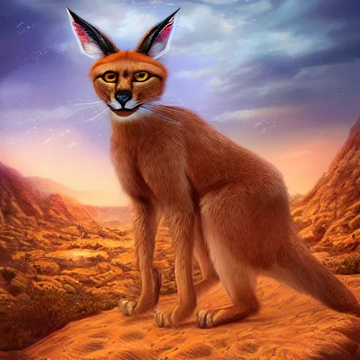 Image similar to an Artstation 3d render of Very very very very highly detailed beautiful mystic photo of cute caracal in the desert, intricate, extremely detailed, digital painting, artstation, concept art, smooth, sharp focus, illustration, intimidating lighting, incredible art,