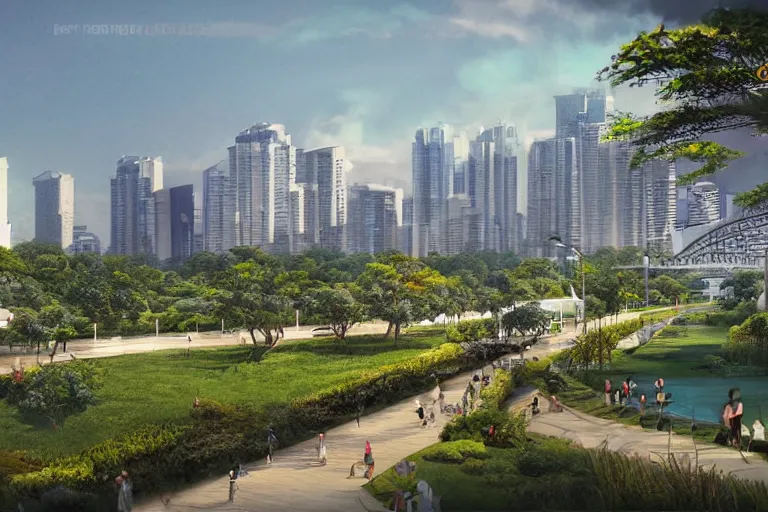 Prompt: linear park and esplanade along pasig river, view of the river and metro manila skyline, concept art, artstation