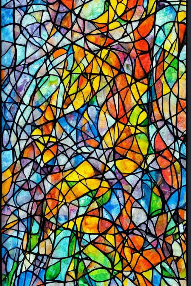 Prompt: Acrylic pouring on canvas, Fine Art, Modern Art, depicted in stained glass