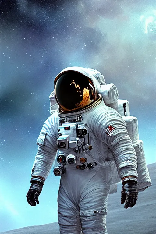 Image similar to astronaut as seen by lunar probe scout by david palumbo and raymond swanland and zack snyder sharp digital painting. dreaming latent space. matte painting, concept art. artstation. digital render. realistic, 8 k