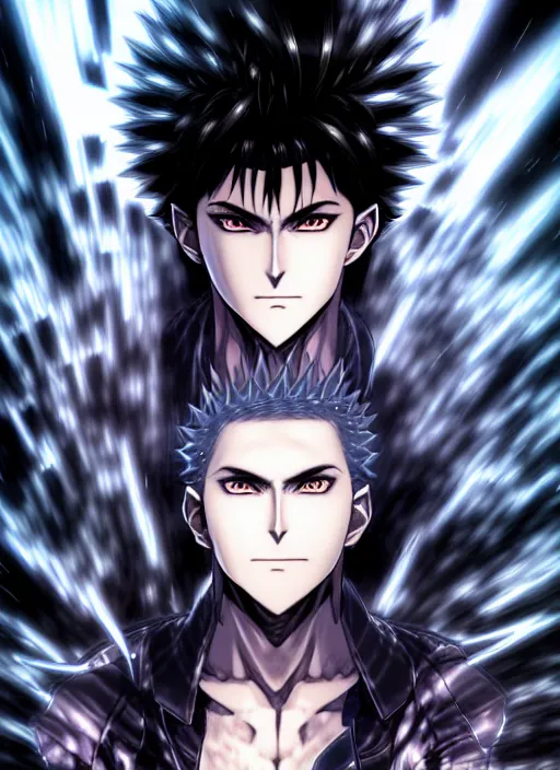 Image similar to a detailed manga full body portrait illustration of a dark spiky haired cyborg anime man surrounded by dark steam by hirohiko araki, detailed artwork, realism, 4 k resolution, detailed, high quality, sharp focus, hq artwork, insane detail, volumetric lighting, character concept art, fine details, clear subject, central subject