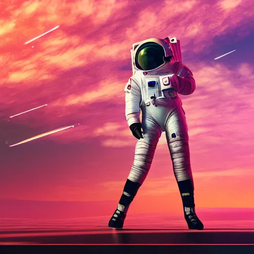 Image similar to A wide angle shot from below of a female astronaut with a feminine body walking with swagger towards camera on mars in an infinite universe , synthwave digital art