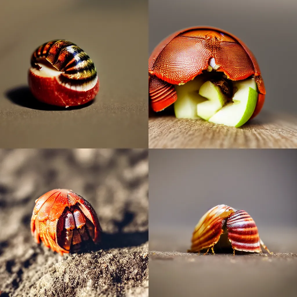 Prompt: hermit crab inside an apple, photo-realistic, depth of field