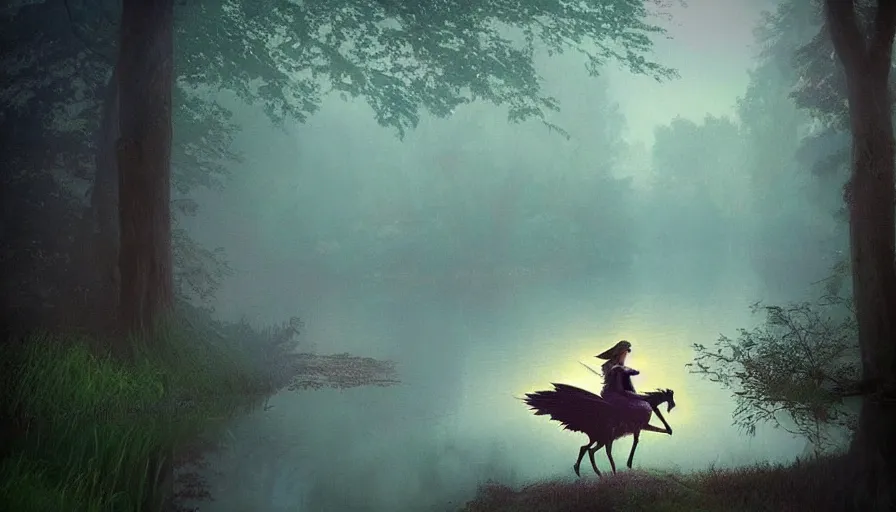 Prompt: a fairy riding a heron over a misty lake, ambient lighting, light bloom, cool lighting, in the style of Edward Robert Hughes!! and Over the Garden Wall!!!