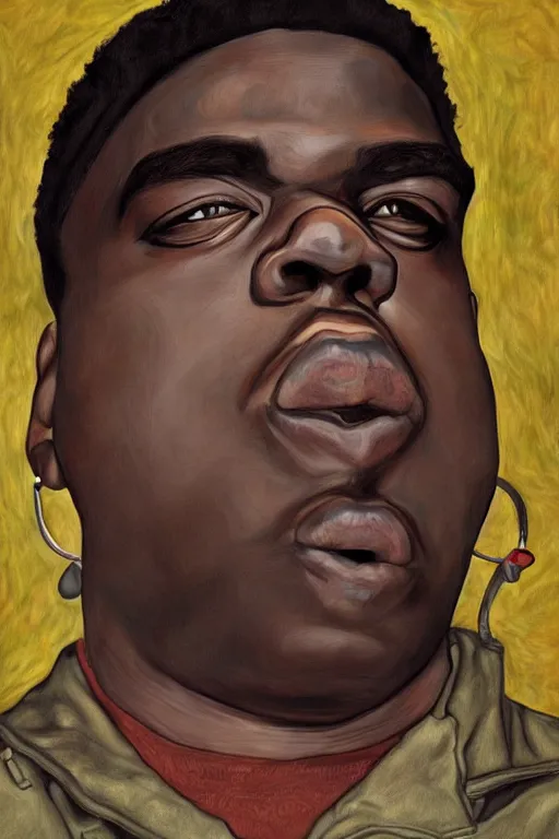 Image similar to a realistic portrait of biggie smalls in style of egon schiele, masterpiece, hyperdetailed, complex, intricate, 4 k, trending on artstation