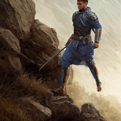 Image similar to Ranger marching toward the viewer, male, muscular, blue eyes!!!!, straight nose!!!, detailed face, exposed thighs!!!, fantasy, medieval, highly detailed, painting by greg rutkowski