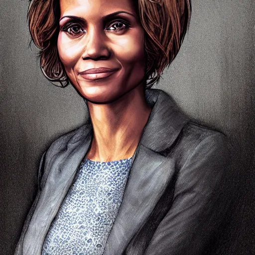 Image similar to portrait of maci holloway, first woman elected as president in usa, cold but beautiful, about 3 5 years old, highly detailed, mix of halle berry and julia roberts, artstation hd, deviantart, by artgem