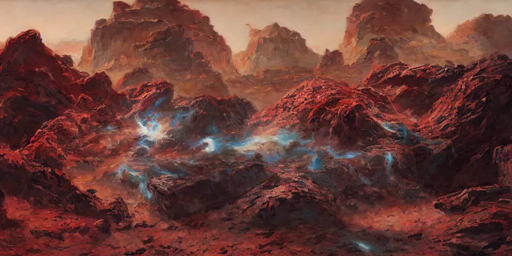 Image similar to supernova, red mountains on mars, sandfalls, ruins, painted by ruan jia, raymond swanland, lawrence alma tadema, zdzislaw beksinski, norman rockwell, jack kirby, tom lovell, alex malveda, greg staples