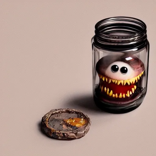 Image similar to cute monster in a jar by Greg Rutkowski, product photography, centered, studio lightning