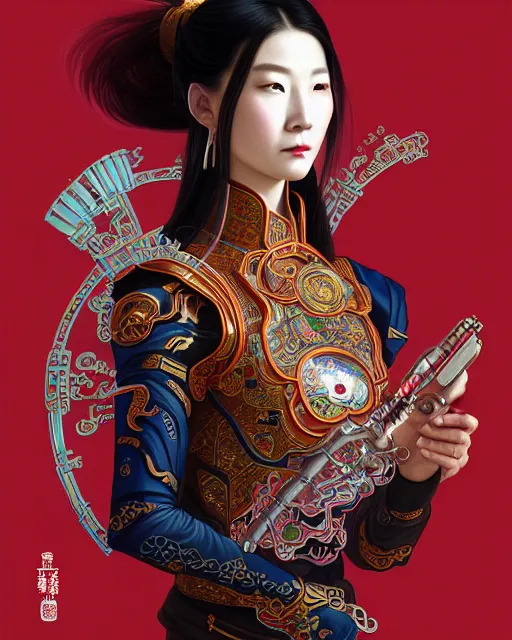 Prompt: portrait of a chinese cyberpunk machine, machine face, arms, upper half portrait, decorated with chinese opera motifs, regal, asian, fine china, wuxia, traditional chinese art intricate intense elegant 京 剧 highly detailed digital painting artstation concept art smooth sharp focus illustration, art by artgerm and greg rutkowski alphonse mucha 8 k