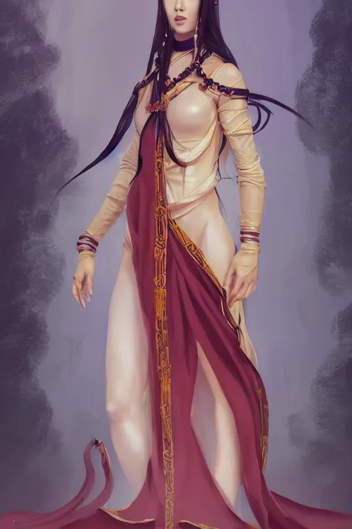 Image similar to a full body portrait of a gorgeous female monk, D&D, choker on neck, face visible, stylish dress, very long flowing hair, intricate, elegant, stylish, cute slightly nerdy smile, mouth slightly open, fantasy, highly detailed, digital painting, artstation, concept art, smooth, sharp focus, illustration, art by artgerm and greg rutkowski and alphonse mucha