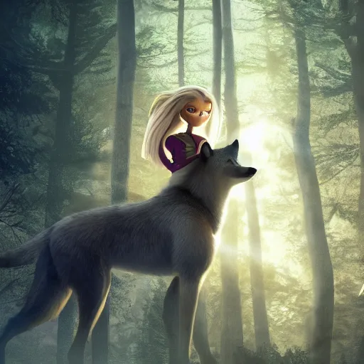 Image similar to medium shot young girl, blond hair green eyes, riding a gray wolf, in a dark forest, mysterious, backlit, beautiful still from a pixar dreamworks movie, trending on artstation