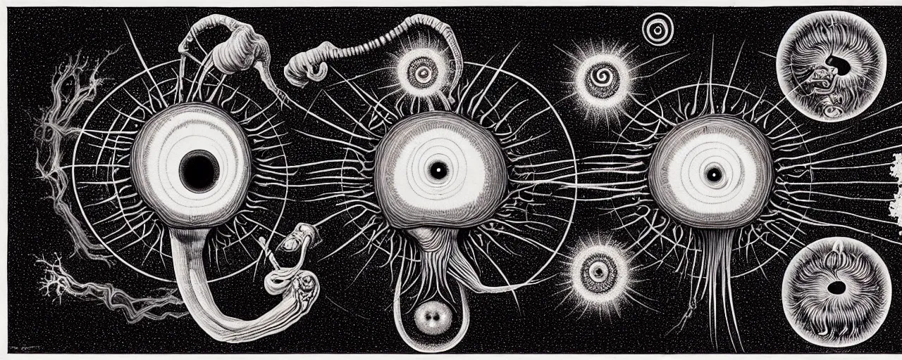 Prompt: a giant visceral anatomical eyeball sings a unique canto about'as above so below'to the a cosmic cochlea, while being ignited by the spirit of haeckel and robert fludd, in honor of saturn's day, painted by ronny khalil