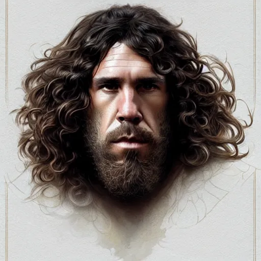 Image similar to Carles Puyol with a majestic beard, closeup, D&D, fantasy, intricate, elegant, highly detailed, digital painting, artstation, concept art, matte, sharp focus, illustration, art by Artgerm and Greg Rutkowski and Alphonse Mucha