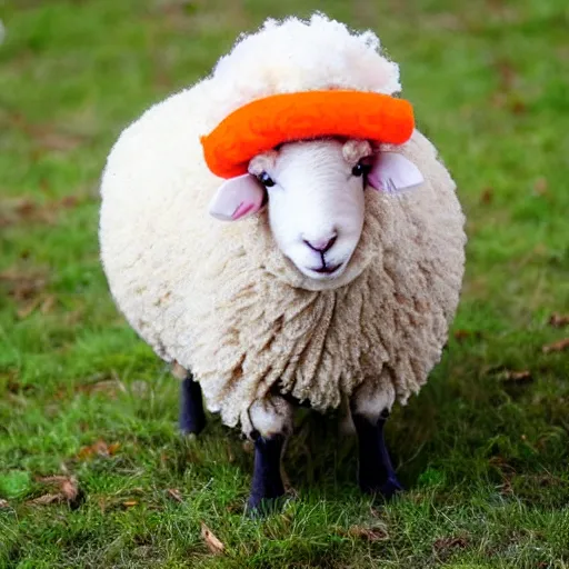 Prompt: cute sheep using orange inmate clothes