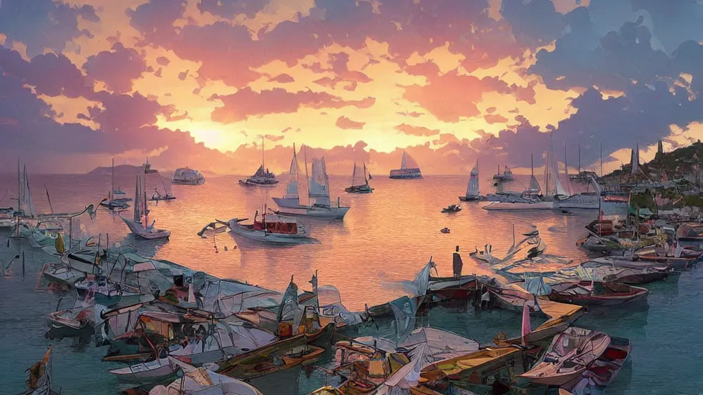 Prompt: sunset on caraibes, some boats, a few birds in the sky, sharp focus, illustration, paisible night lighting, incredible art by artgerm and greg rutkowski and alphonse mucha and simon stalenhag