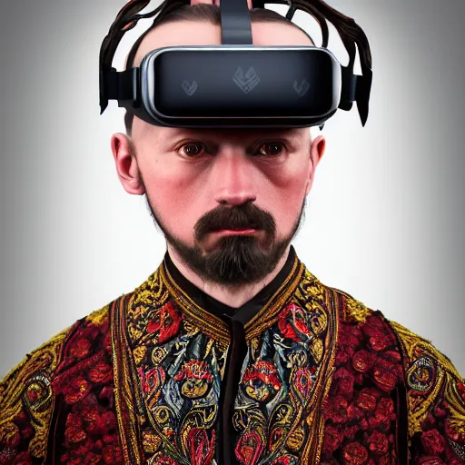 Image similar to Colour Caravaggio and Taras Shevchenko style full body portrait Photography of Highly detailed Man wearing detailed Ukrainian embroidered folk costume designed by Taras Shevchenko with 1000 years perfect face wearing highly detailed retrofuturistic VR headset designed by Josan Gonzalez. Many details In style of Josan Gonzalez and Mike Winkelmann and andgreg rutkowski and alphonse muchaand and Caspar David Friedrich and Stephen Hickman and James Gurney and Hiromasa Ogura. Rendered in Blender and Octane Render volumetric natural light