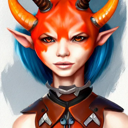 Image similar to illustrated realistic portrait female ORANGE SKIN prong-horned kobold with blue bob hair and solid dark eyes wearing strap leather armor by rossdraws