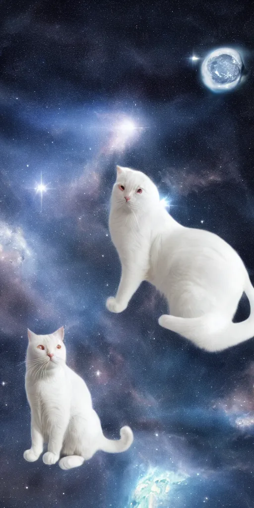 Prompt: white cats floating in space. andromeda in the background, 4k, high quality photo