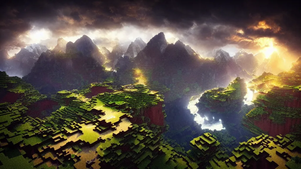 Image similar to amazing landscape photo of minecraft by marc adamus, beautiful dramatic lighting