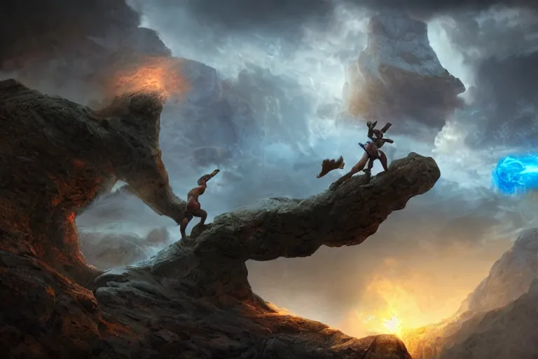 Image similar to Hercules in an intense fight against Perseus over a cliff, artwork by Stefan Kopinski and Guillem H. Pongiluppi, greek setting, photo realistic, volumetric lighting, HDR, 4k, high detail