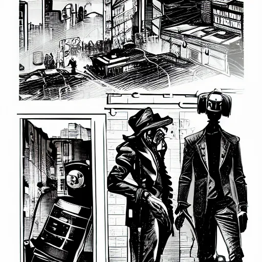 Prompt: a cyberpunk noir of gay robots 1885