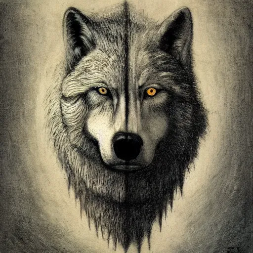 Image similar to head of a half man half wolf by Odd Nerdrum, by Francisco Goya, by M.C. Escher, fairy-tale illustration style, very detailed, colorful, beautiful, eerie, surreal, psychedelic