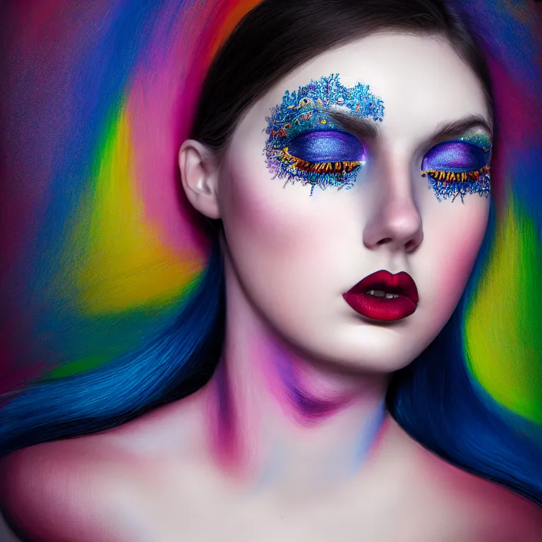 Prompt: amazing closeup symmetrical portrait of a young woman with beautiful colorful make up by Sir John, Pat McGrath, perfect colorful eyeshadows, 50mm portrait, beautiful detailed intricate insanely detailed octane render trending on Artstation, 8K artistic photography, photorealistic, dramatic volumetric cinematic perfect light, chiaroscuro, award-winning photograph, masterpiece, Raphael, Caravaggio, harsh flash photography