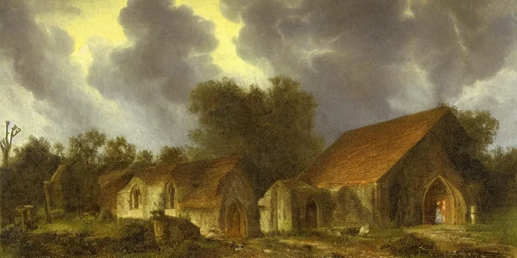 Prompt: a church in a village during a thunderstorm, cozy, by george henry durrie