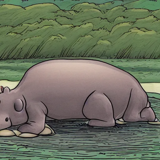 Image similar to sad hippo waking up in a beautiful river landscape, drawing by matt groening, trending on artstation