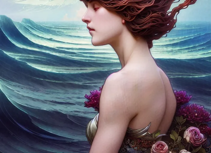 Prompt: strong back lighting, swirling ocean tide, seductive, portrait of the goddess of the flowers!!!, by artgerm, cushart krenz, greg rutkowski, mucha. art nouveau. gloomhaven, swirly vibrant ripples, gaudy colors, sharp edges. ultra clear detailed. 8 k. elegant, intricate, octane render