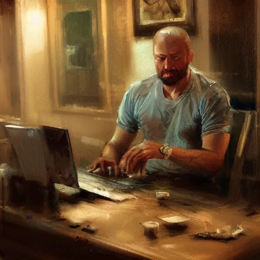 Prompt: a realistic hyperdetailed digital oil full body portrait painting of a man playing on a computer, sitting at a restaurant, beer in hand, in the style of guy denning, ruan jia, and craig mullins. trending on artstation and deviantart. cgsociety digital art.